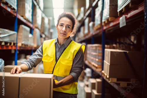 Female worker in a warehouse, woman in high visibility vest, carton box in her hands, blurred shelves stacks background. Generative AI