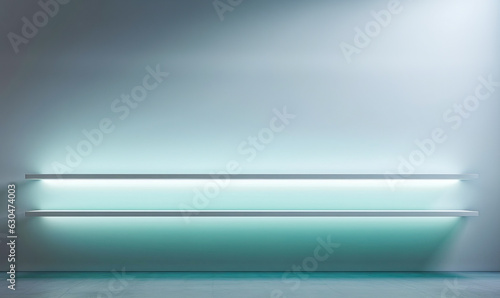 Wallpaper Mural An illuminated wall shelf seen from the front, set against a light green background with shadow details.. Ai generation Torontodigital.ca