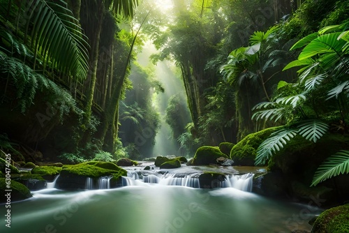 a rainforest canopy  where sunlight filters through dense foliage and raindrops create a shimmering effect on the vibrant green leaves - AI Generative