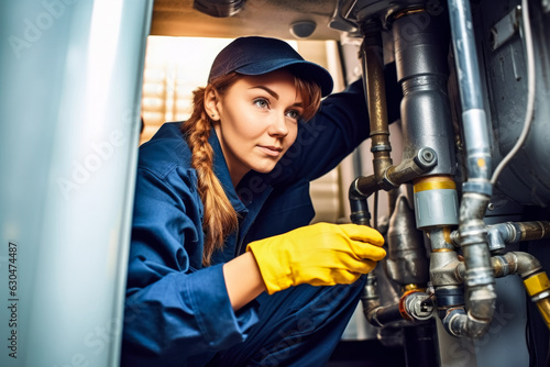 Woman plumber working near metal pipes indoor, female professional occupation. Generative AI