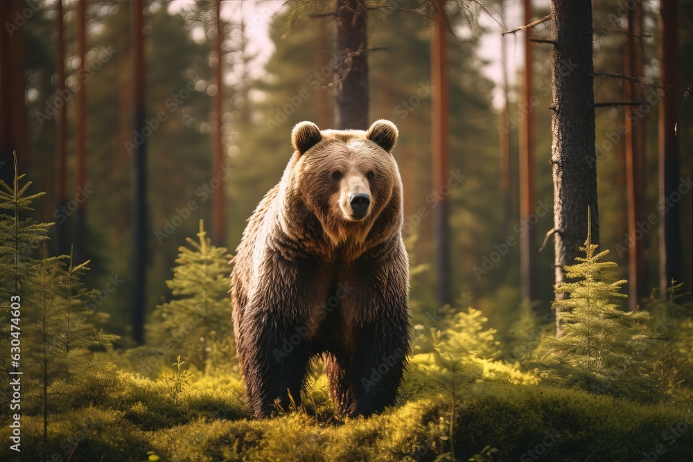 Big brown bear in the summer forest. AI gemerated image. Big brown bear in the summer forest. AI gemerated image.