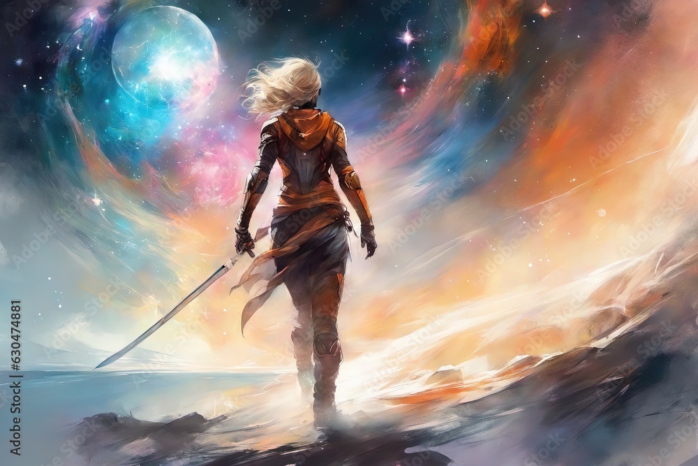Naklejka premium Female warrior at shore with a sword and a planet in the background