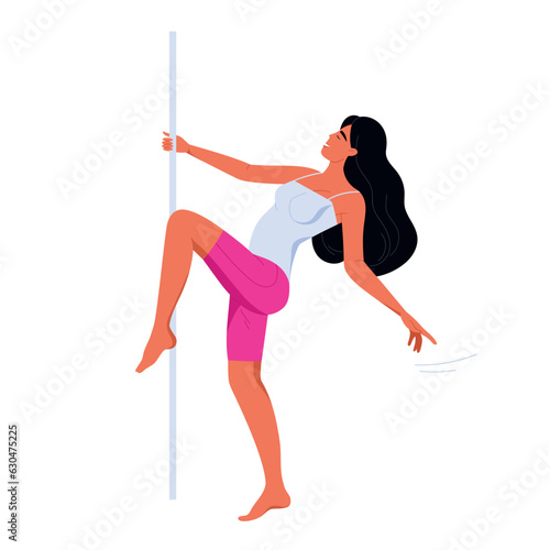 Pole dance performer. Beautiful young girl dancing on pylon. Pole dancing, fitness and sport lifestyle. Vector illustration in cartoon style. Isolated white background.
