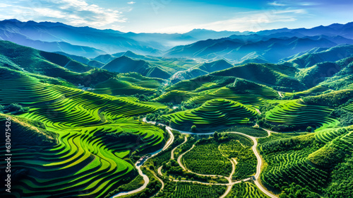 Beautiful view of the rice terrace, Observation deck. Bird's-eye. Ai generation