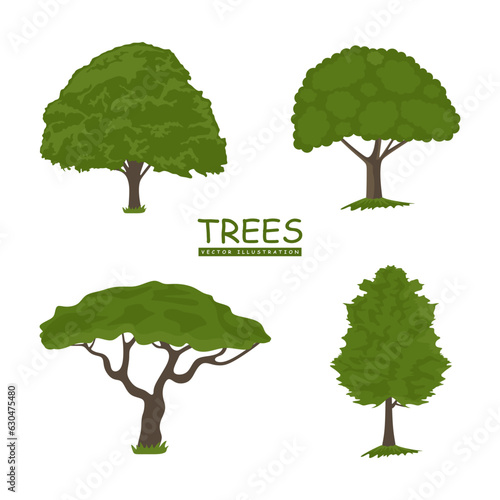 Set of cartoon green trees. Vector tree collection isolated on white background. Flat forest tree, natural plant, foliage. Environment concept. Clip art vector illustration