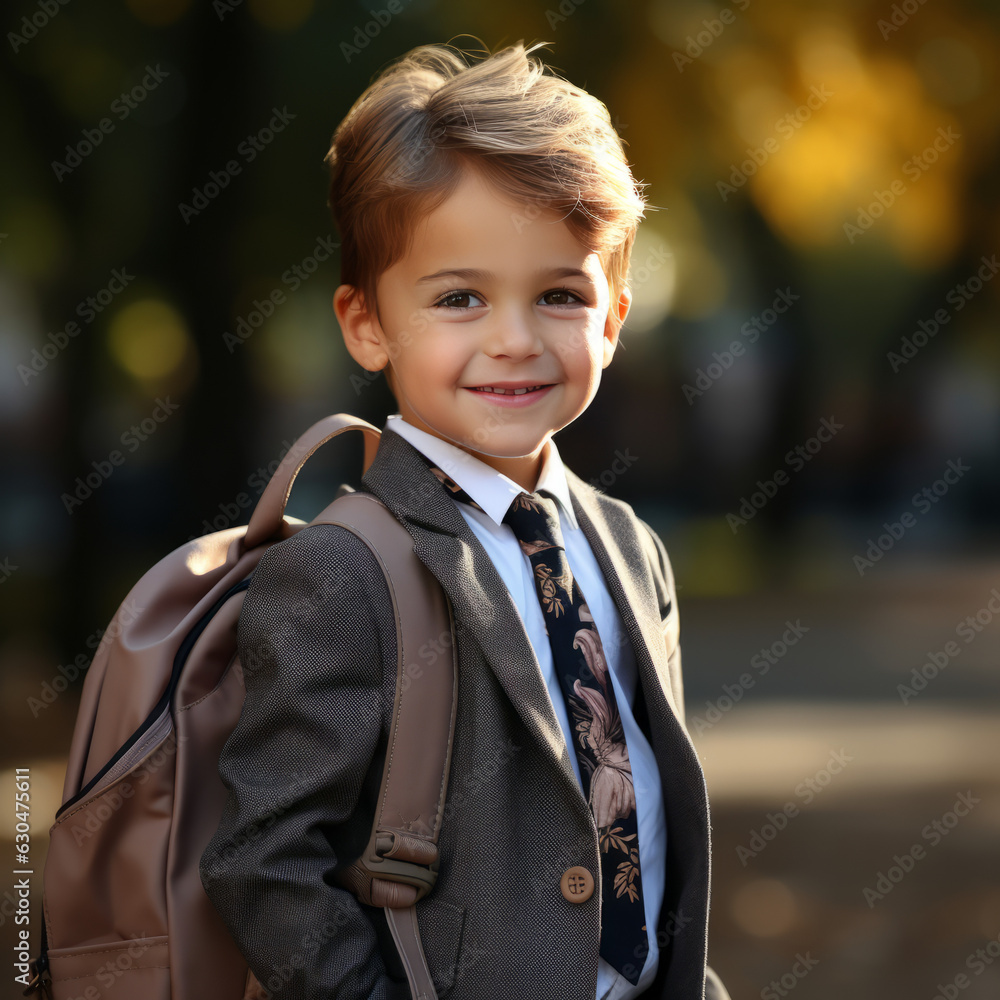 Cheerful school child outdoors. Happy little white school boy smiling in the park. Portrait of a happy young caucasian boy with backpack standing on city street and looking to the camera with a smile. Cheerful school child outdoors. Happy little white school boy smiling in the park. Portrait of a happy young caucasian boy with backpack standing on city street and looking to the camera with a smile.