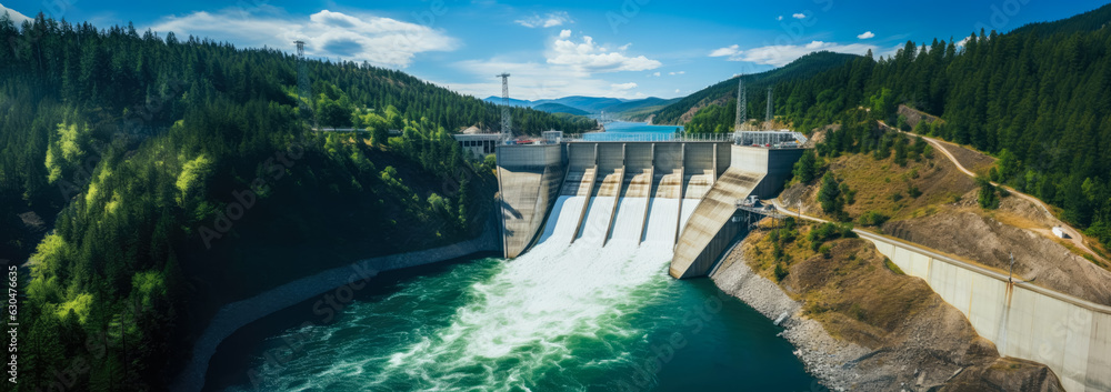 Hydroelectric power dam on a river in mountains, aerial view. Generative AI Hydroelectric power dam on a river in mountains, aerial view. Generative AI