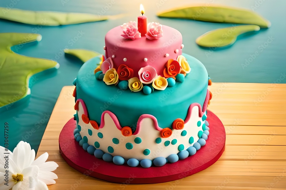 A round fondant cake with a happy birthday candle rests on a glass pedestal, exuding elegance and refinement - AI Generative A round fondant cake with a happy birthday candle rests on a glass pedestal, exuding elegance and refinement - AI Generative