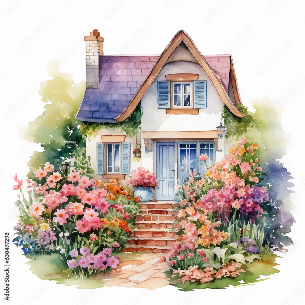 Lovely cottage in the countryside surrounded by blooming flowers. Watercolor cute house illustration on white background.