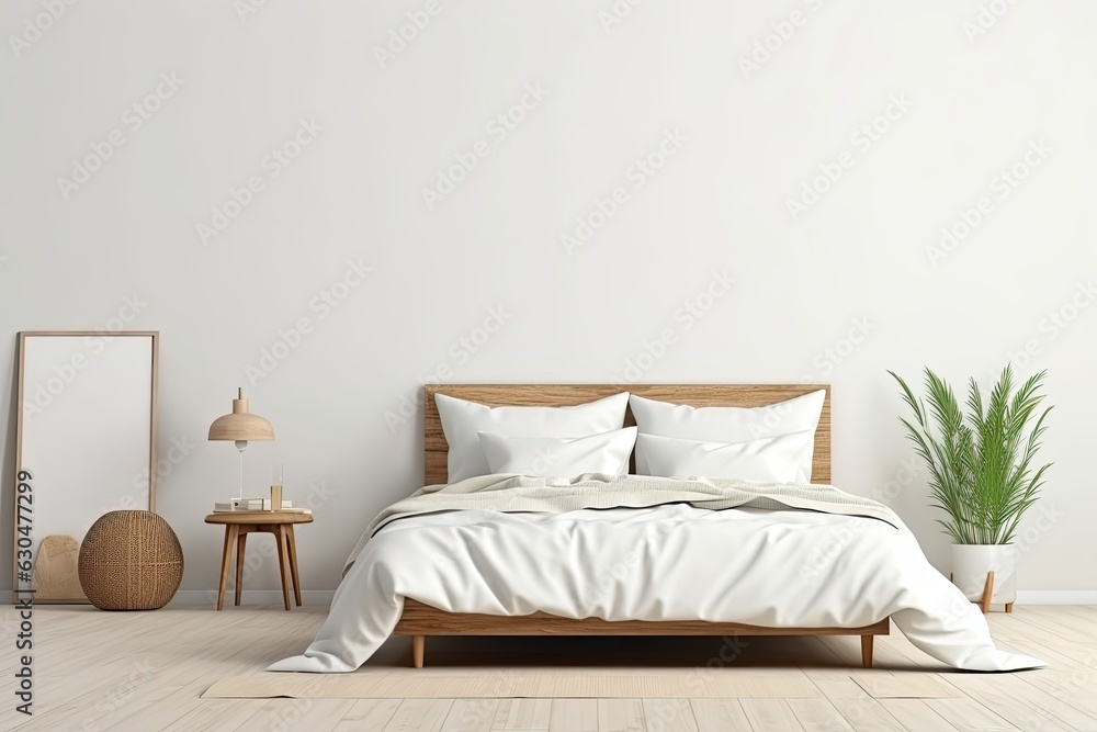 Empty white wall in a naturally bright bedroom interior with available space for customization or decoration.