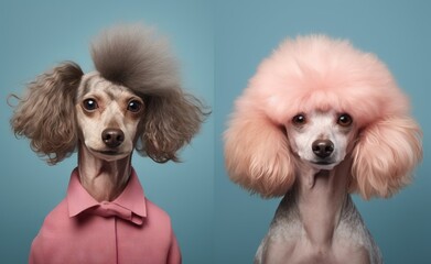 Collage of a poodle dog wearing a pink bow tie and a pink shirt