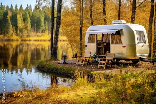 Camping trailer on the shore of lake in autumn forest. Holidays in motor home.