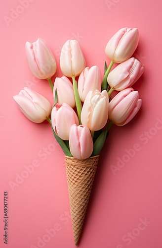 Bouquet of pink tulips on pink background. Flat lay, top view. © artem