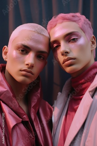 Fashionable young couple in pink and purple clothes. Studio shot.