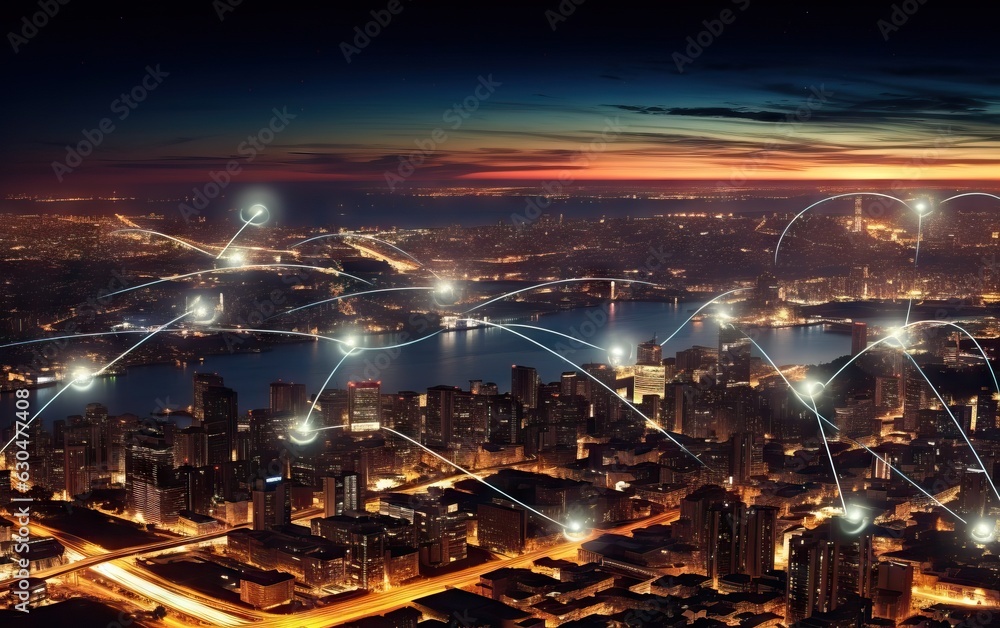 Modern city at night and network connection concept as a business background.