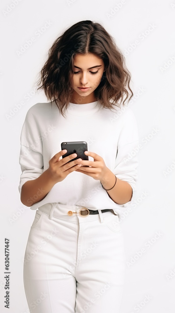 Beautiful young woman using mobile phone on white background with copy space Beautiful young woman using mobile phone on white background with copy space