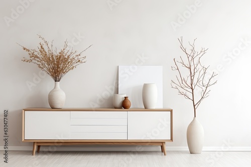 Contemporary Scandinavian home interior featuring a wooden dresser, ceramic vases filled with dried leaves, and tastefully curated personal items in a chic d�cor. Design template with ample empty