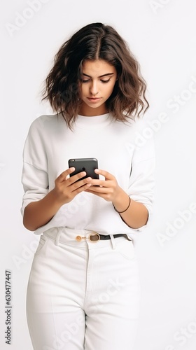 Beautiful young woman using mobile phone on white background with copy space