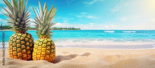 The summer tropical sea with shimmering waves, pineapples, and coconuts on a hot sandy beach. A concept of travel and vacation with a space for text.