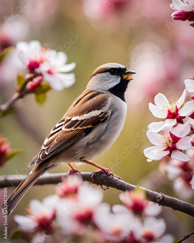 sparrow on a branch with cherry blossoms - generative ai