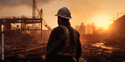 a man in a construction helmet against the backdrop of building under construction. Generative AI © 22_monkeyzzz