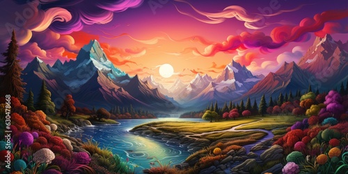 Vibrant mountain landscape with colorful vibrant colors, illustration of colorful nature