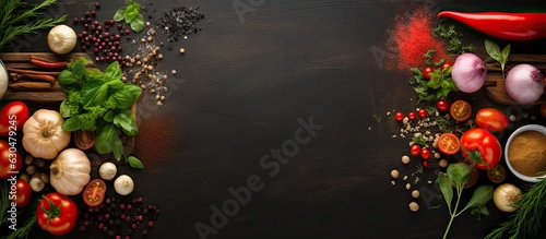 food cooking background, with a cutting board, spices, herbs, and vegetables placed on a black slate table. The view is from the top, and space available for adding text.