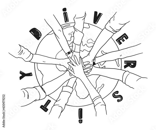 Group of hands on top of each other, diverse multiethnic joined hands, vector line art