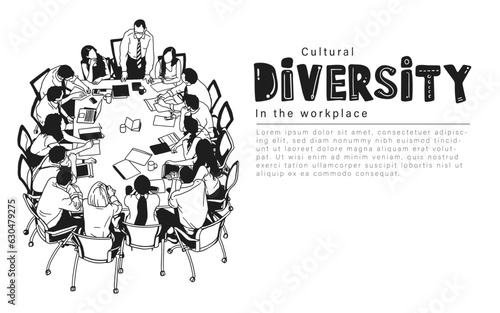 Cultural diversity in the work place, black an white vector hand drawn illustration