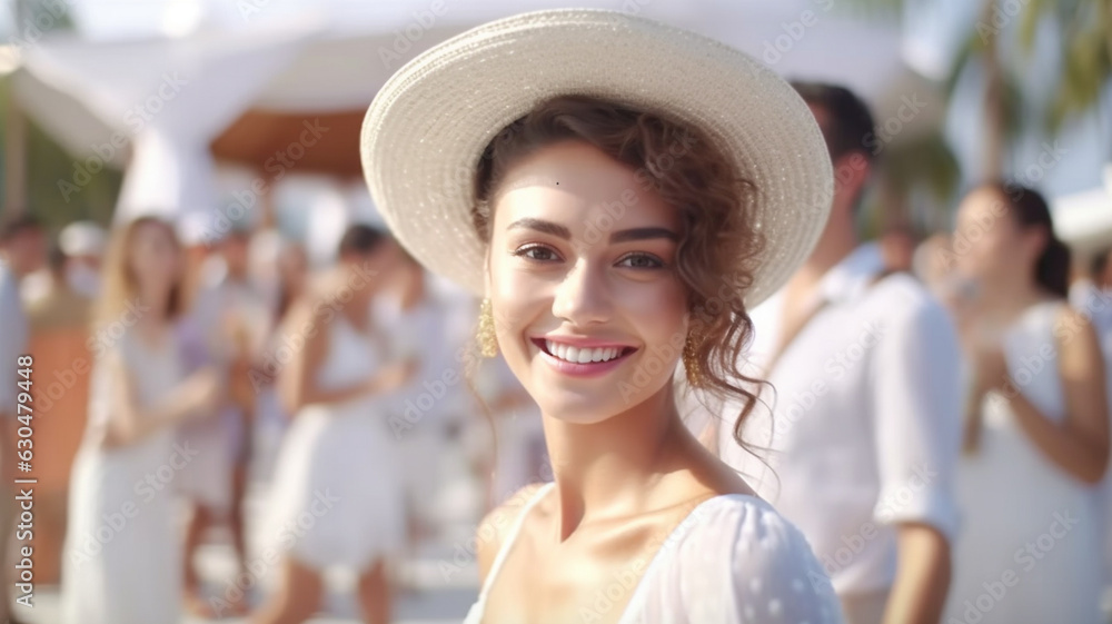 young adult caucasian woman with sun hat and white cozy sundress or sundress, golden earrings, nice smile, light brown hair color, on a party or wedding or luxury vacation, fictional