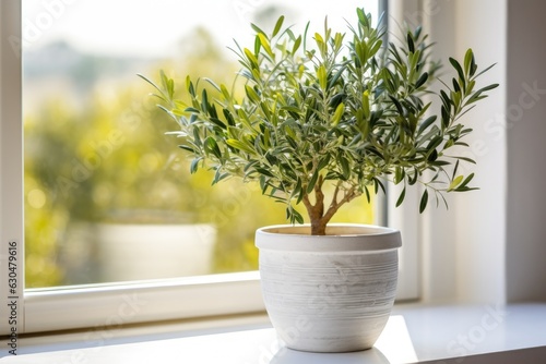 Gorgeous, youthful potted olive tree displayed on a windowsill, adding a stunning touch to the interior.