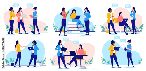 Office women collection - Set of vector illustration with businesswomen working, talking and discussing together. Flat design on white background