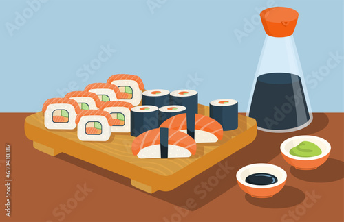 Food sushi pack concept. Seafood and rice. Fast food menu cafe or restaurant. Slices of eating at cutting board. Asian cuisine. Template, layout and mock up. Cartoon flat vector illustration