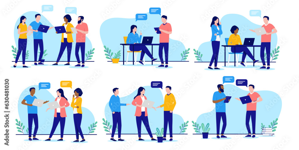 Work colleague communication set- Vector collection of people talking and having discussion at office with speech bubbles. Flat design on white background