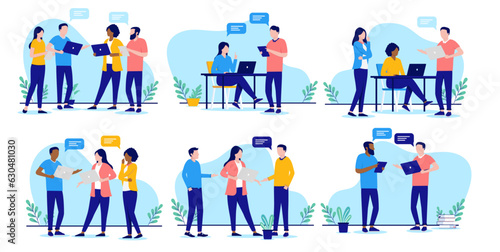 Work colleague communication set- Vector collection of people talking and having discussion at office with speech bubbles. Flat design on white background