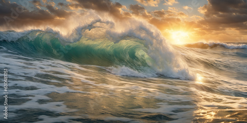Giant ocean surf wave at sunset. Seascape illustration with evening stormy sea, turquoise water with white foam and splashes, sun and cloudy sky. Generative AI © Aleksei Solovev