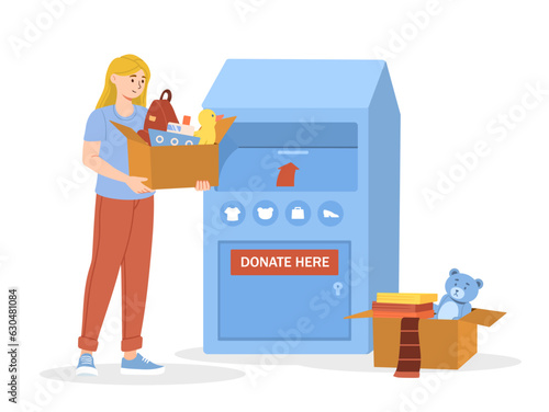Woman with donation box concept. Young girl with toys. Charity, kindness and generosity. Volunteer and activist, charitable foundation. Help and support, care. Cartoon flat vector illustration