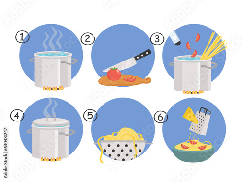 Cooking instruction set. Cut tomatoes, boil vegetables. Infographics and educational materials. Spaghetti and pasta preparation. Cartoon flat vector collection isolated on white background
