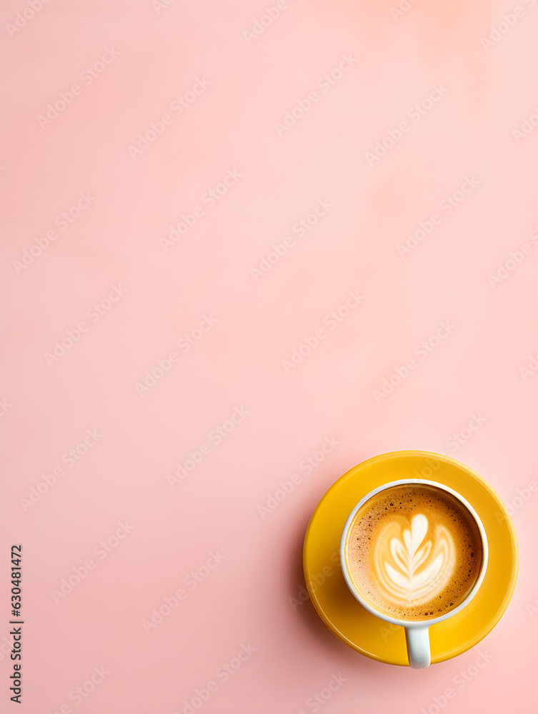 Cup of cappuccino on pastel pink background with copy space. 