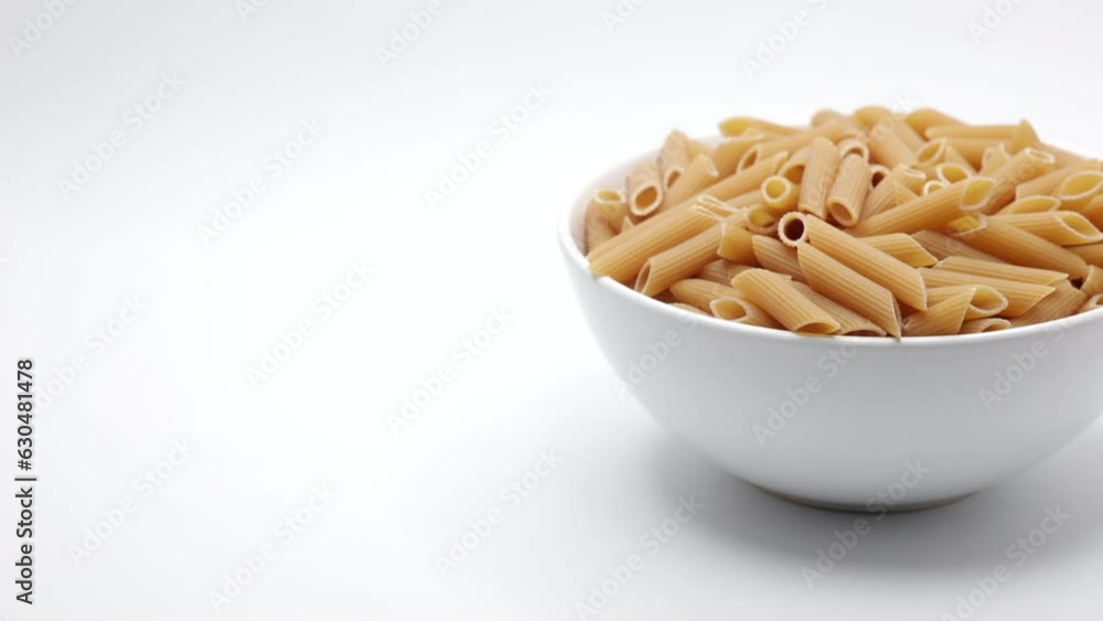 Penne Rigate. Raw Italian Pasta In A White Bowl On White Background. Panning Dolly Slider Shot. Penne Rigate. Raw Italian Pasta In A White Bowl On White Background. Panning Dolly Slider Shot.