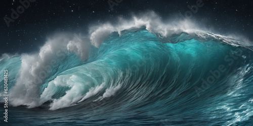 Giant ocean surf wave at night. Seascape illustration with night stormy sea, turquoise water with white foam and splashes, starry sky. Generative AI