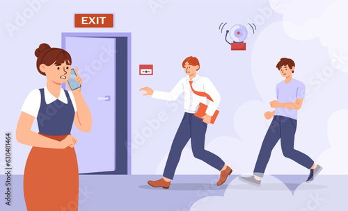 People run from fire concept. Men and women leave room in smoke. Office emergency, fire alarm. Panic and stress. People running to exit. Poster or banner. Cartoon flat vector illustration