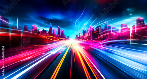 Neon light of different bright colors, light reflection, Abstract neon tunnel. Blue background with neon light.. Ai generation