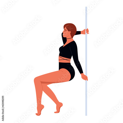Pole dance performer. Beautiful young girl dancing on pylon. Pole dancing, fitness and sport lifestyle. Vector illustration in cartoon style. Isolated white background.