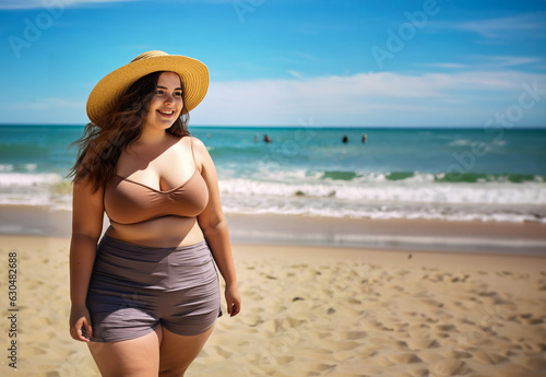 Plus sized young woman in summer two parts dress and hat, walking on a beach sunny day, confident smile - body positivity concept. Generative AI