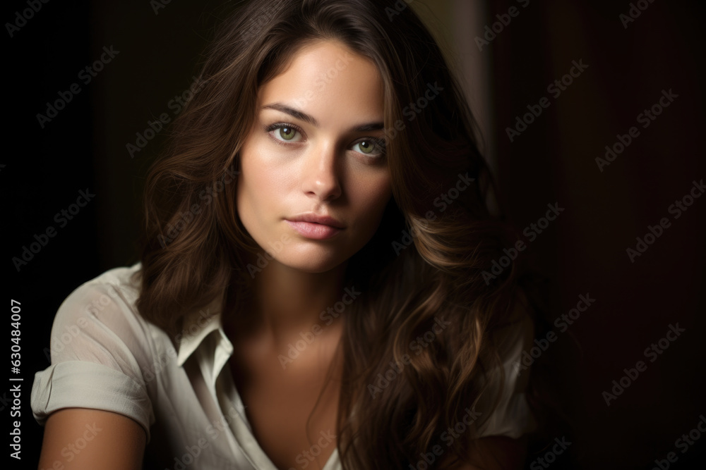 Portrait of a woman wearing a white collared shirt and has long, wavy hair Portrait of a woman wearing a white collared shirt and has long, wavy hair