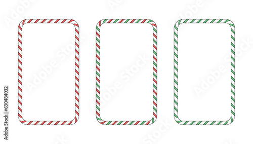 Christmas set of rectangular frames with candy cane patterns. Vector elements isolated on white background. Vertical banner.