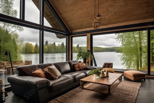 Gorgeous rural cottage featuring walls and ceilings made of wood. A large window provides a picturesque view of the lake and forest during a rainy day. The interior design follows a Scandinavian style