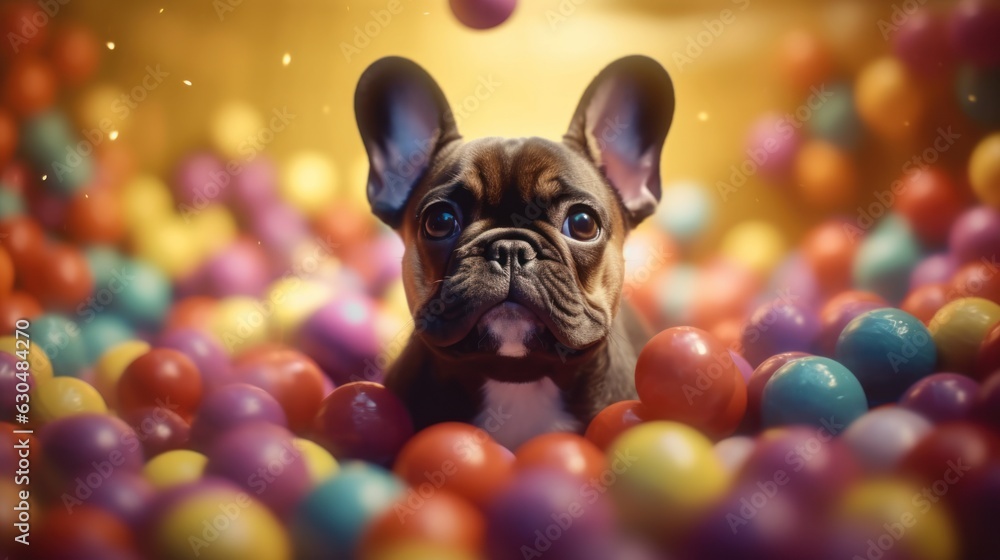 A french bulldog puppy in a ball pit