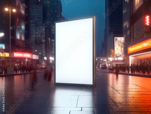 Blank glowing white advertising banner at evening city street, mockup. Generative AI